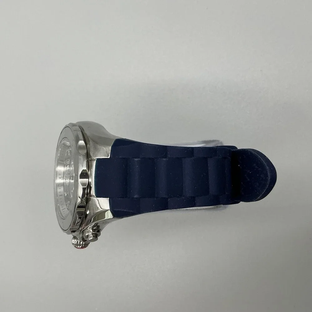 Michele Tahitian Womens Watch 41mm Silver Tone Chrono Blue Rubber New Battery